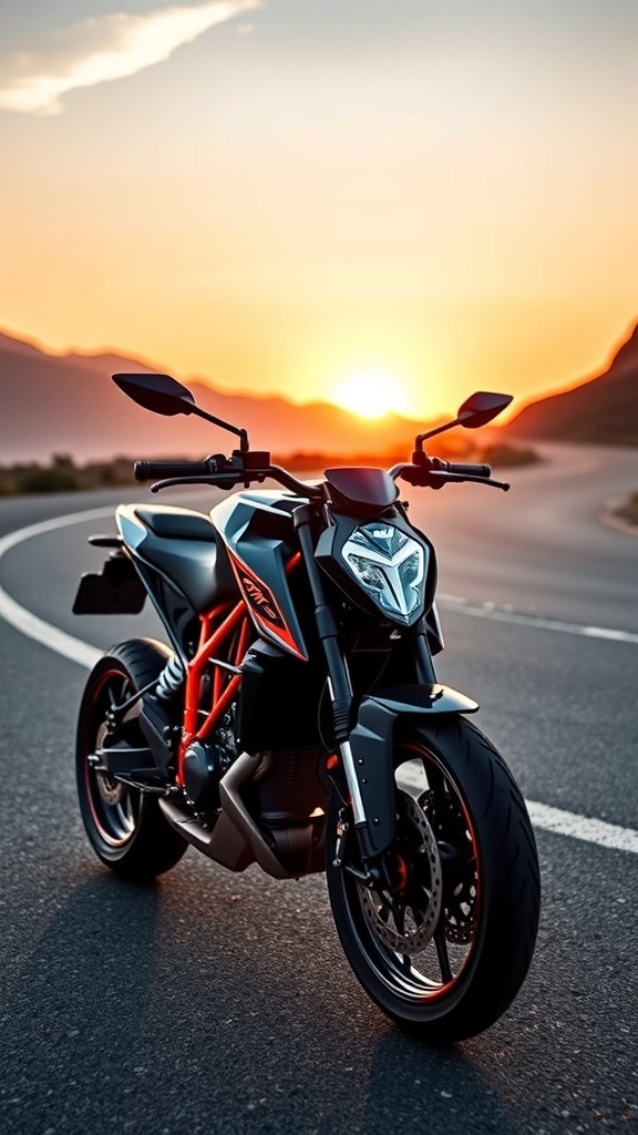 KTM 790 Duke motorcycle on a scenic road with mountains in the background.